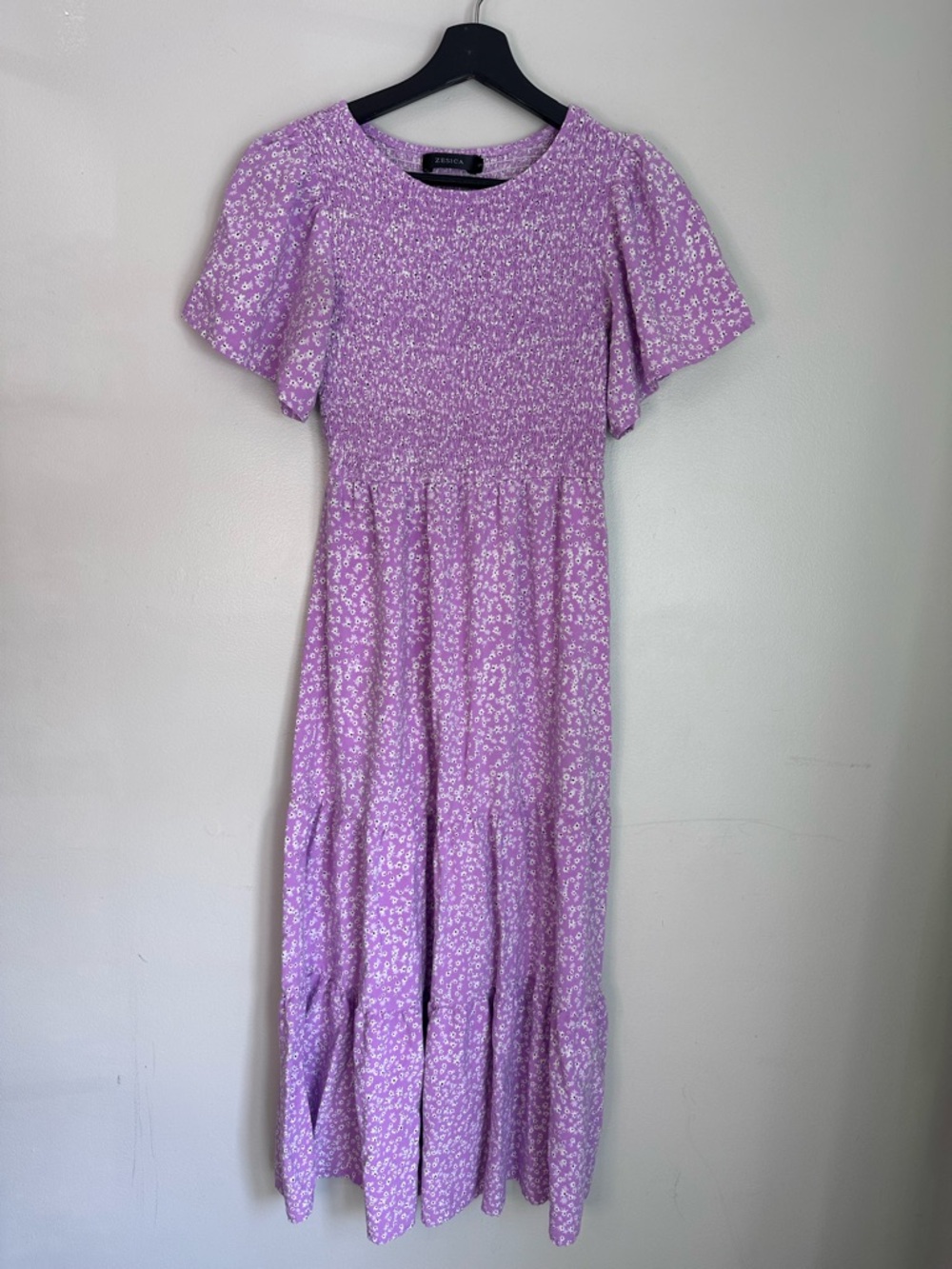 Cottagecore Pink Floral  Wedding Guest Dress W/ Tiered Hem & Flutter sleeves, S
